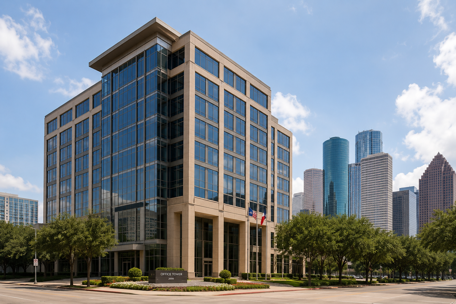 Modern office building with polished natural stone floors and commercial maintenance services in Houston TX