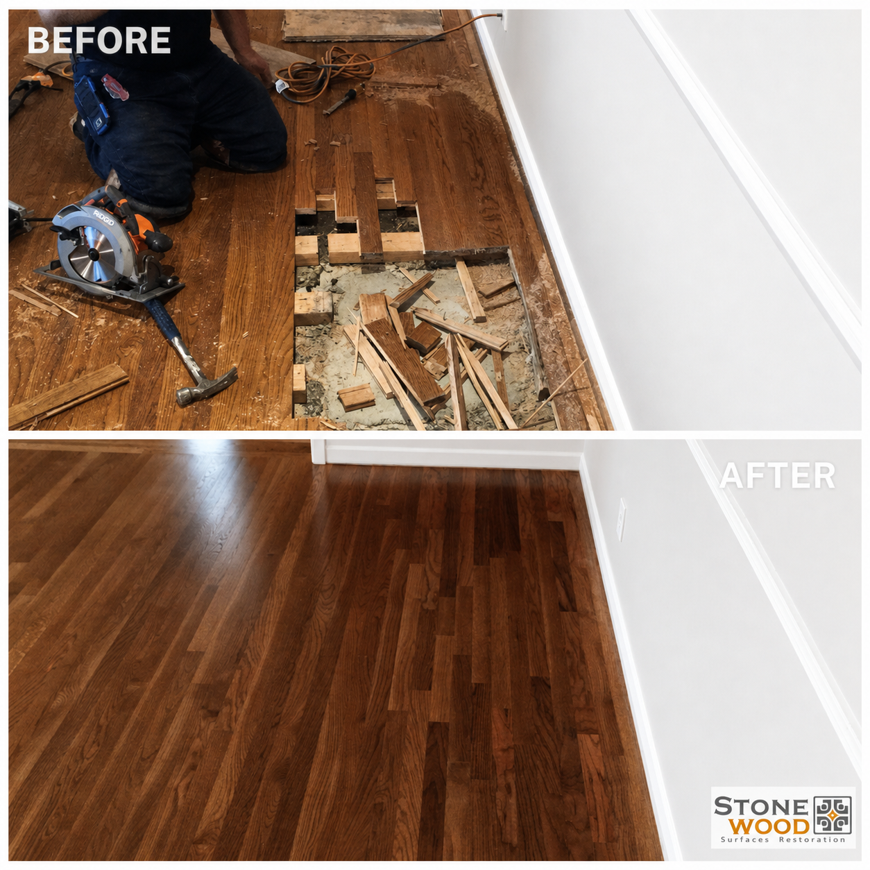 Before and after hardwood floor restoration by Stonewood Surface Restoration