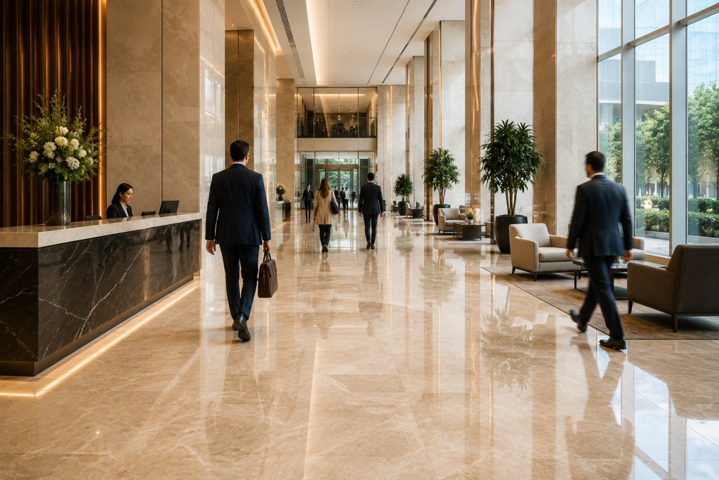 High-traffic commercial lobby with polished marble floors maintained in Houston TX